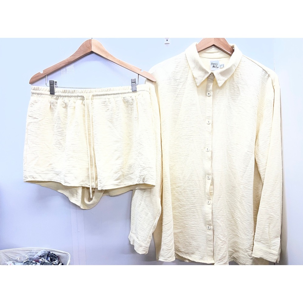Princess Polly Cream Yellow Crinkle Two Piece Set Shirt and Shorts Womens 10